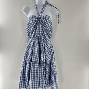 Emmie Rose Blue/White Gingham Mini Halter Dress Womens Size Large